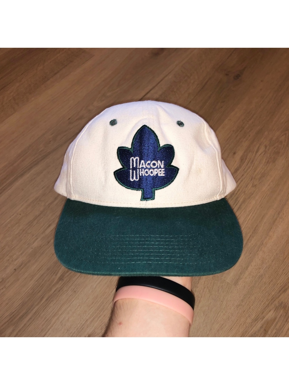 VINTAGE MACON WHOOPEE CHL HOCKEY SNAPBACK HAT CAP BELK MATTHEWS WHITE GREEN